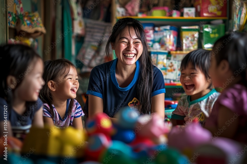 A joyful moment captured as a group of children enthusiastically laugh alongside their smiling teacher, showcasing the true essence of companionship and fun during playtime. A joyful moment captured as a group of children enthusiastically laugh alongside their smiling teacher, showcasing the true essence of companionship and fun during playtime.