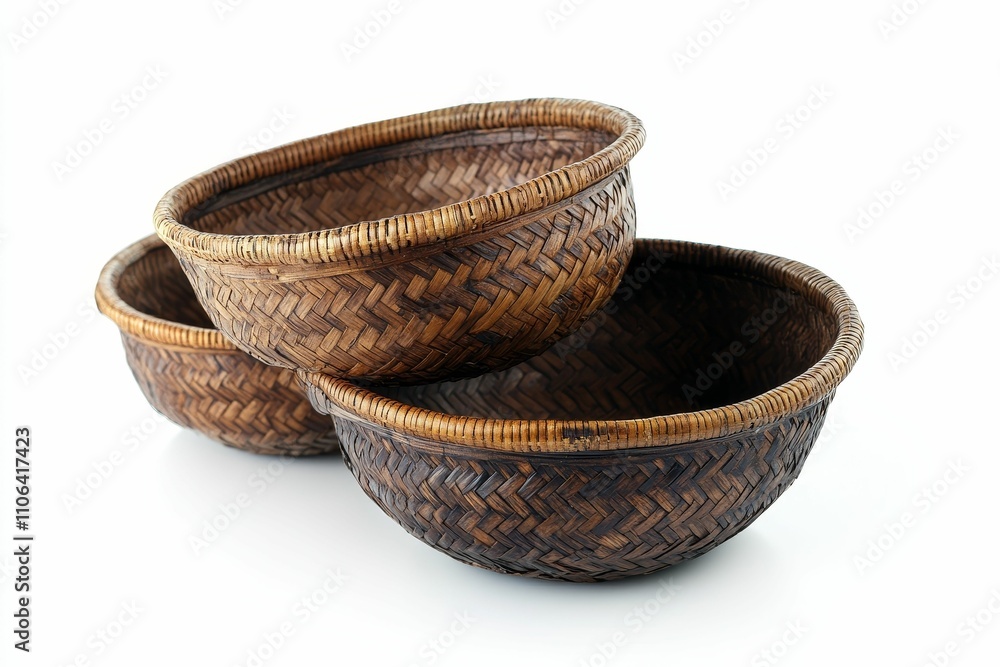 Three woven brown bowls stacked, artisan craft. Three woven brown bowls stacked, artisan craft.