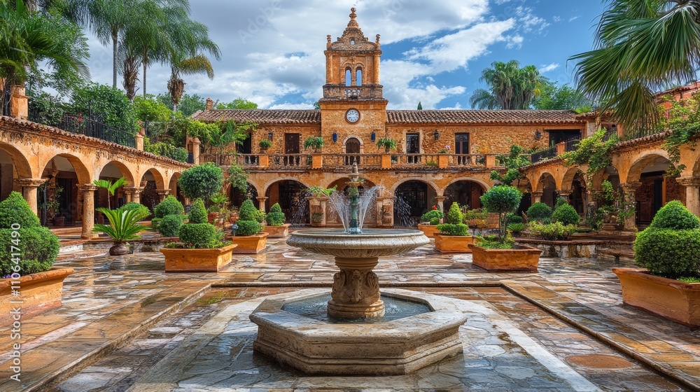 Obraz premium A Spanish courtyard with a fountain, lush greenery, and a building with a bell tower.