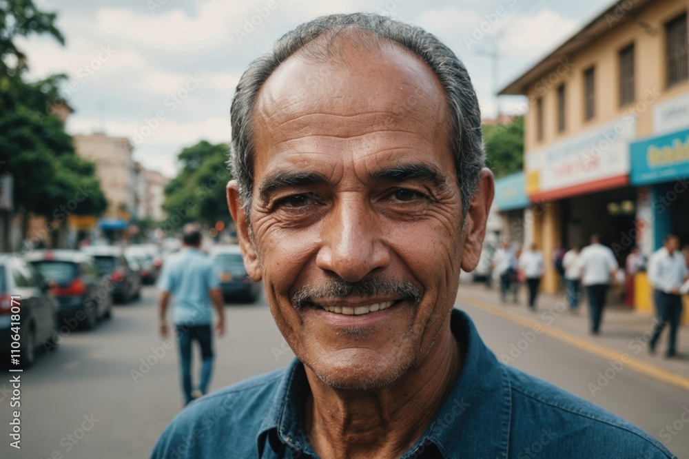 Close portrait of a smiling senior Venezuelan man looking at the camera, Venezuelan city outdoors blurred background Close portrait of a smiling senior Venezuelan man looking at the camera, Venezuelan city outdoors blurred background