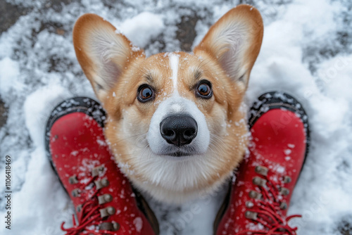 Dog in red boots trotting through snowy landscape with joy and curiosity. photo