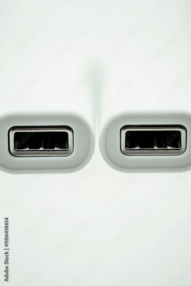 Dual white ports, metallic inserts, close-up view. Dual white ports, metallic inserts, close-up view.