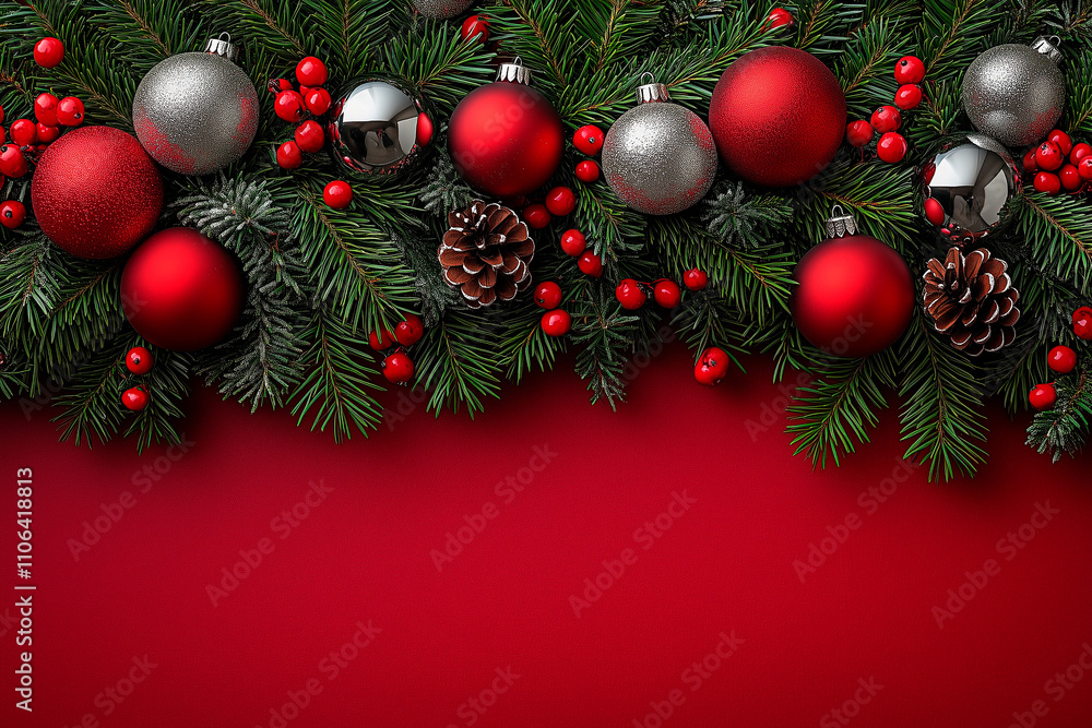 Festive Pine Branches Framed with Holiday Decorations for a Christmas Message Festive Pine Branches Framed with Holiday Decorations for a Christmas Message