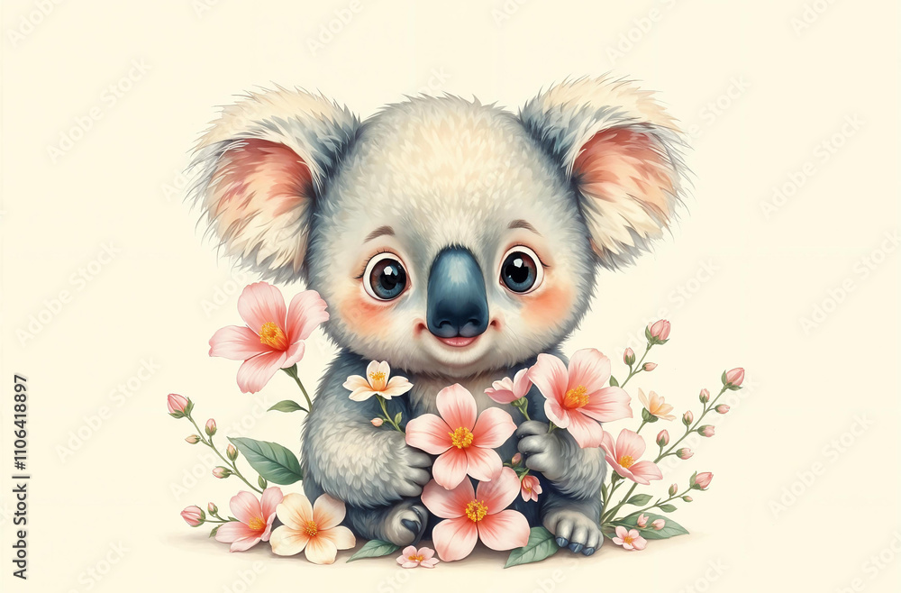 Fototapeta premium Cute koala holding flowers in a whimsical floral arrangement, showcasing the charm of Australian wildlife