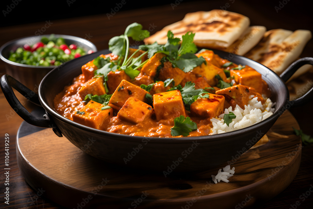 Paneer Tikka Masala with Basmati Rice and Naan, Garnished with Fresh Cilantro Paneer Tikka Masala with Basmati Rice and Naan, Garnished with Fresh Cilantro