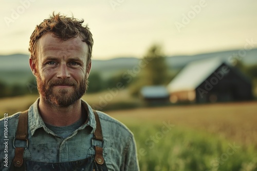 A handsome farmer with a beard smiles warmly against the backdrop of green fields and a barn, capturing the essence of rural life and dedication to sustainable farming practices.