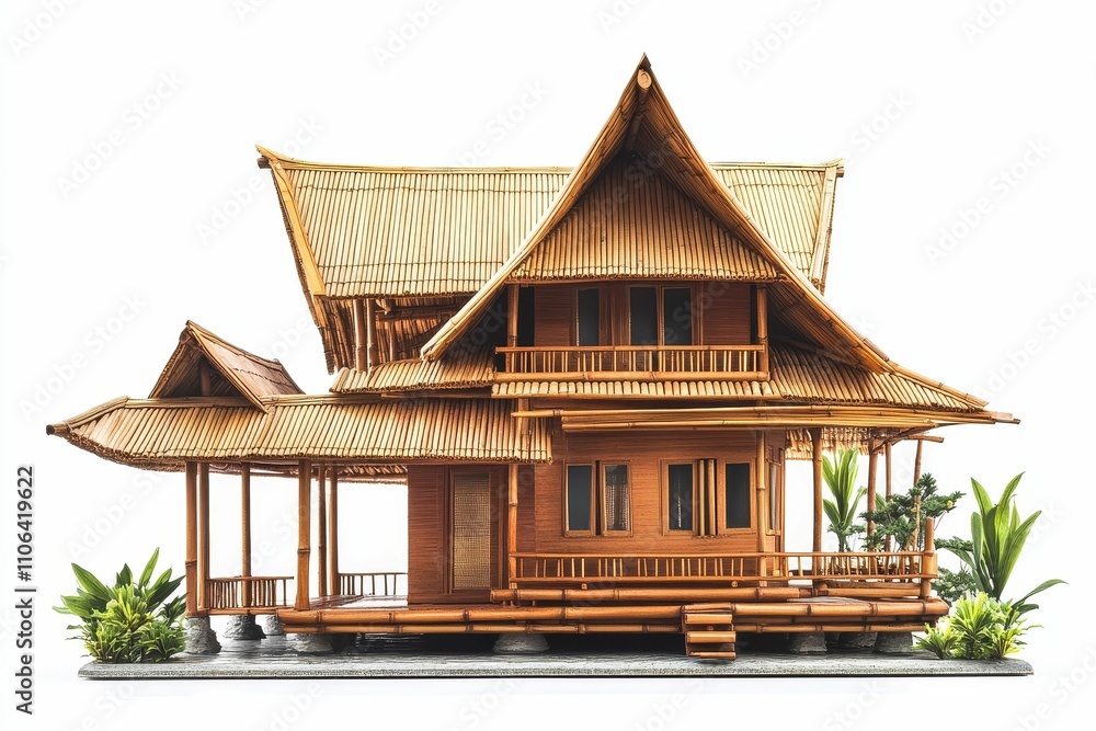 Naklejka premium Bamboo model house, tropical plants, detailed craftsmanship.