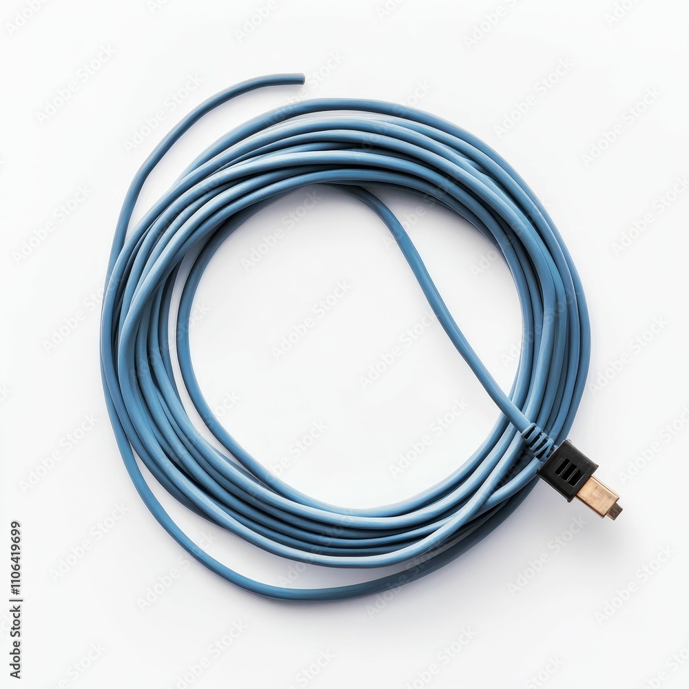 Coiled blue cable, connector visible. Coiled blue cable, connector visible.