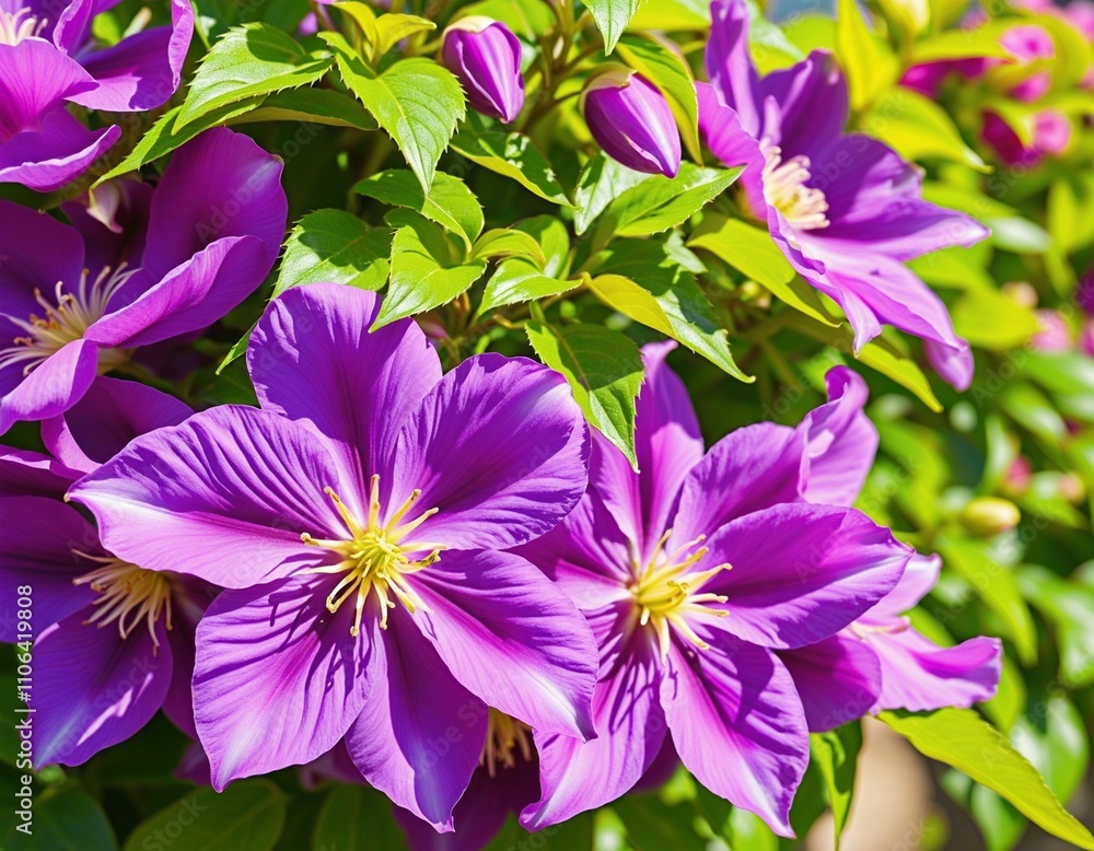 Vivid Clematis Blooms in Spring Garden Vivid Clematis Blooms in Spring Garden