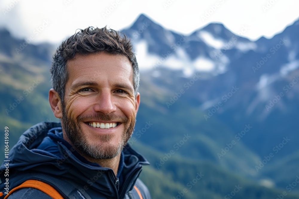 A confident man smiles brightly against a stunning mountainous backdrop, capturing the essence of adventure, nature, and the joy of exploration in the wilderness. A confident man smiles brightly against a stunning mountainous backdrop, capturing the essence of adventure, nature, and the joy of exploration in the wilderness.
