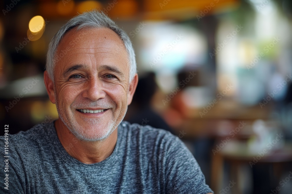 An older man exhibits a warm and inviting smile in a cozy café setting, showcasing a moment of connection and enjoyment amidst the hustle of daily life. An older man exhibits a warm and inviting smile in a cozy café setting, showcasing a moment of connection and enjoyment amidst the hustle of daily life.