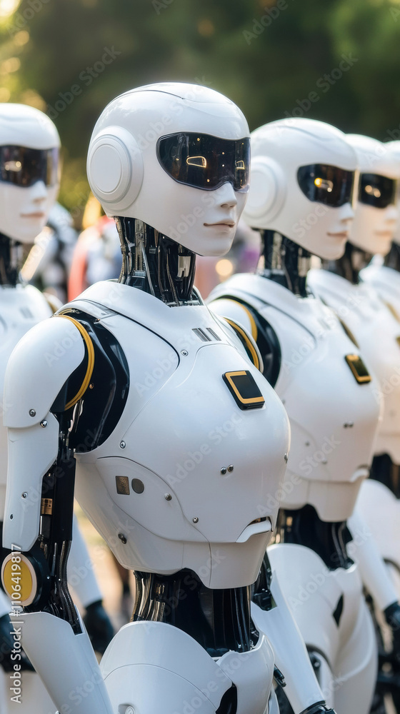 Fototapeta premium Futuristic robots stand in formation, showcasing advanced technology and design, AI