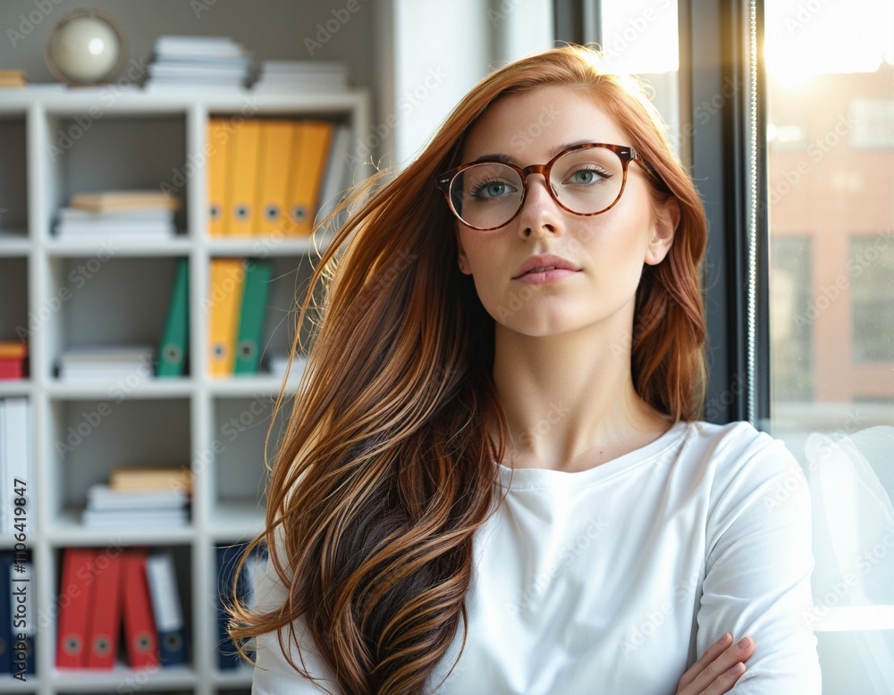 Contemplative Young Woman in Modern Office Setting Contemplative Young Woman in Modern Office Setting