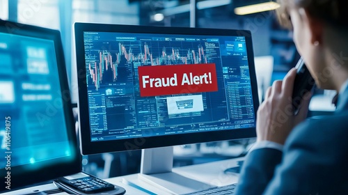 A businesswoman reviewing market analysis is alerted to fraud, highlighting urgency and concern in a corporate environment.