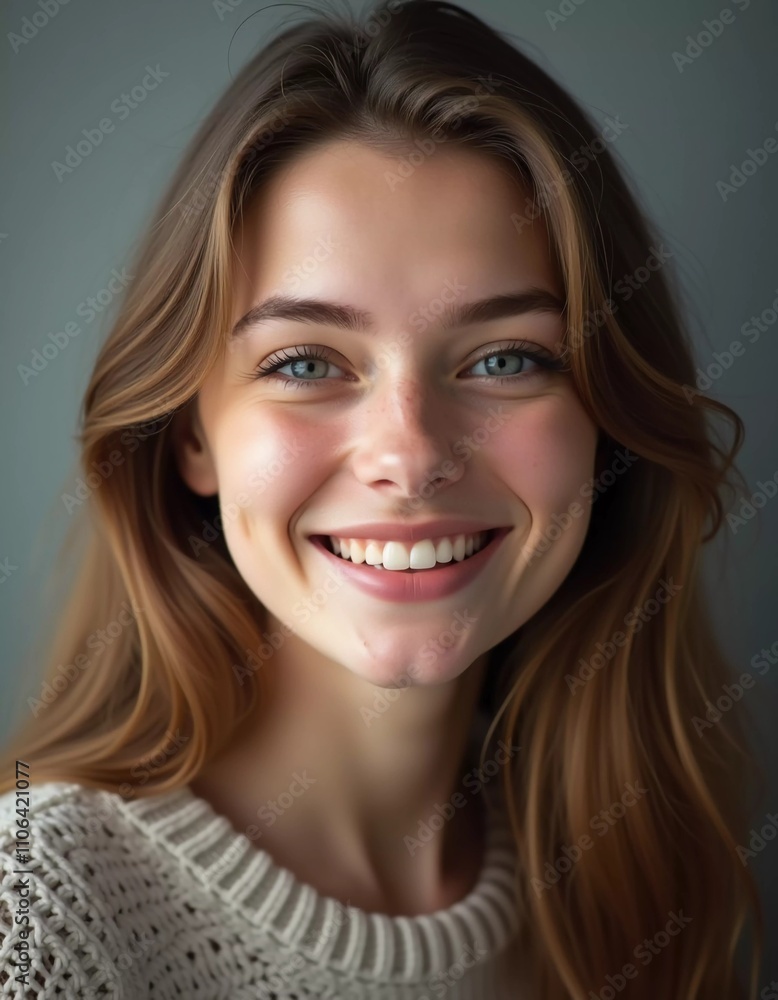 A joyful Russian woman showcases her bright smile while sitting indoors. Her warm expression captures the essence of happiness and positivity in a relaxed setting. Brown hair, grey eyes. Generative AI A joyful Russian woman showcases her bright smile while sitting indoors. Her warm expression captures the essence of happiness and positivity in a relaxed setting. Brown hair, grey eyes. Generative AI