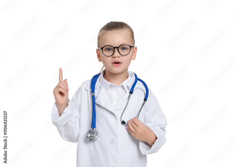 Little girl with stethoscope pretending to be doctor on white background. Dreaming of future profession Little girl with stethoscope pretending to be doctor on white background. Dreaming of future profession