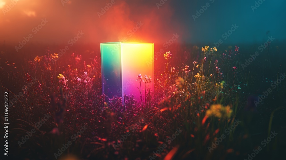 Fototapeta premium A vibrant, iridescent cube stands in a field of wildflowers, illuminated by a warm, ethereal glow. The surrounding atmosphere is filled with a sense of mystery and wonder.