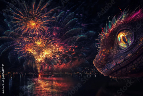 fireworks in the night big festive city in fantasy style photo