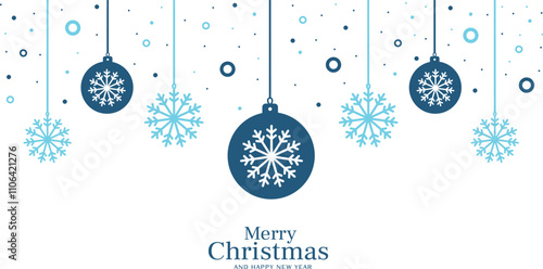 A simple christmas graphic design featuring hanging blue ornaments and snowflakes for creating invitations, greetings, and social media posts.