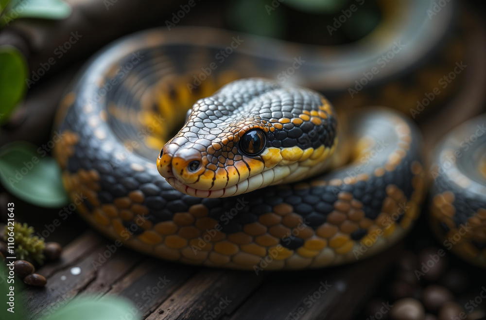 Colorful snake resting on wooden surface surrounded by greenery in natural habitat Colorful snake resting on wooden surface surrounded by greenery in natural habitat