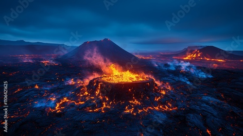 A volcanic eruption at night with lava flowing down the side of the volcano. The sky is a deep blue and there is smoke and ash in the air.