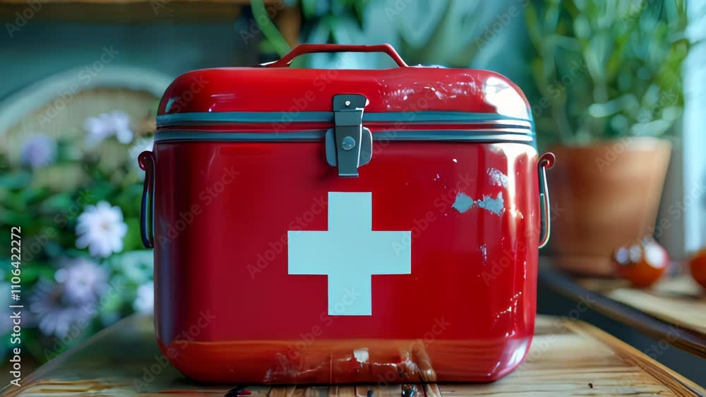 Doctor's red medical first aid kit for treating wounds and providing first emergency emergency aid during emergencies Doctor's red medical first aid kit for treating wounds and providing first emergency emergency aid during emergencies
