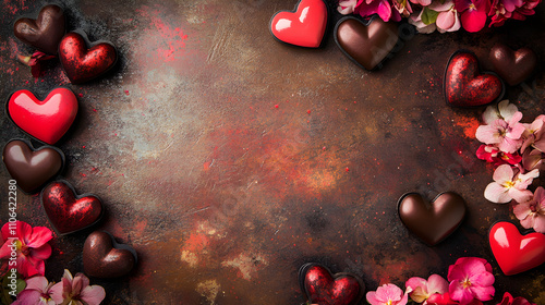 un fondo con espacio de copia para tarjeta de san valentin con flores y corazones rodeando el marco como decoraciones elgantes y romanticas  photo