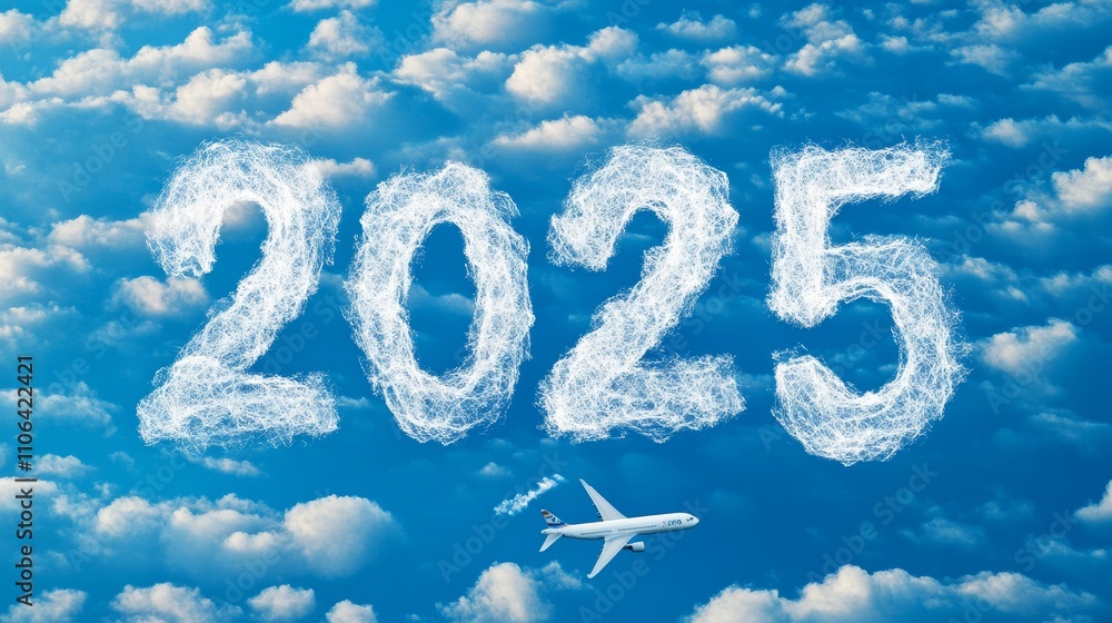 A vibrant blue sky with clouds shaped as '2025' and an airplane soaring, symbolizing future aspirations. A vibrant blue sky with clouds shaped as '2025' and an airplane soaring, symbolizing future aspirations.
