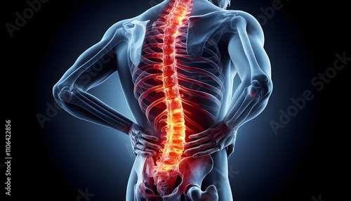 Human Spine Highlighted in Red, Indicating Pain or Medical Focus
