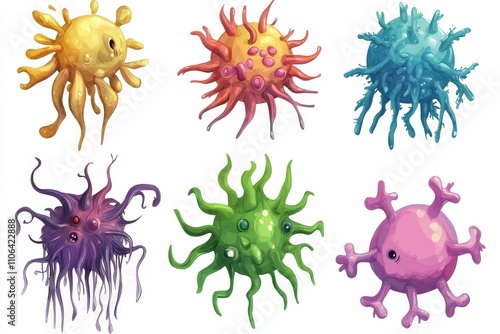 Six colorful, abstract, blob-like creatures. photo