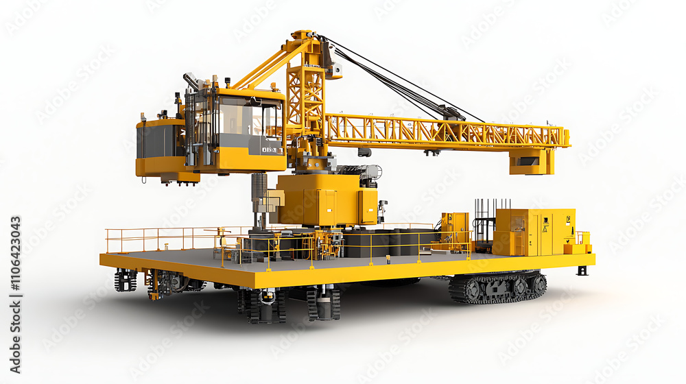 A full-height yellow tower crane, depicted in a 3D rendering, stands alone against a white background, It represents building and construction, showcasing machinery and equipment through 3D modeling A full-height yellow tower crane, depicted in a 3D rendering, stands alone against a white background, It represents building and construction, showcasing machinery and equipment through 3D modeling