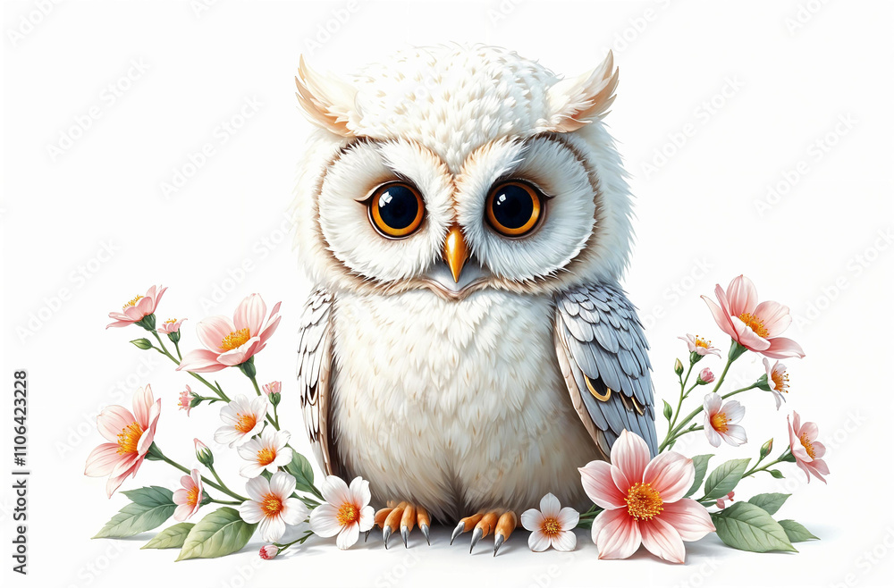 Obraz premium Cute white owl surrounded by colorful flowers in a whimsical and vibrant illustration