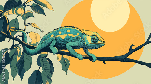 Vibrant Chameleon on Branch Flat Vector Illustration photo