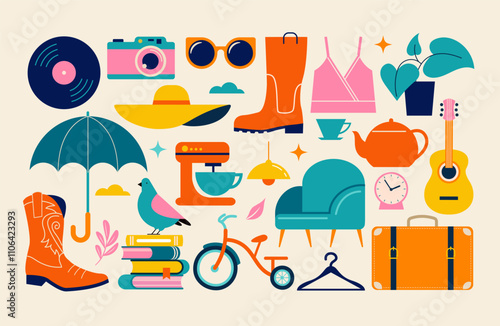 Collection of different home goods. Flea market, Garage sale, stickers, icons, elements