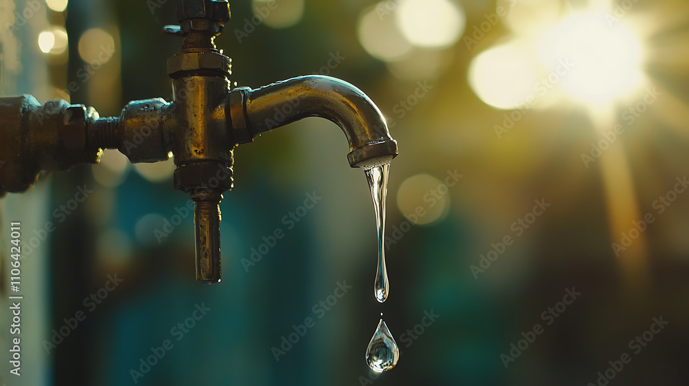 A water tap with a single droplet gracefully hanging from its spout A water tap with a single droplet gracefully hanging from its spout