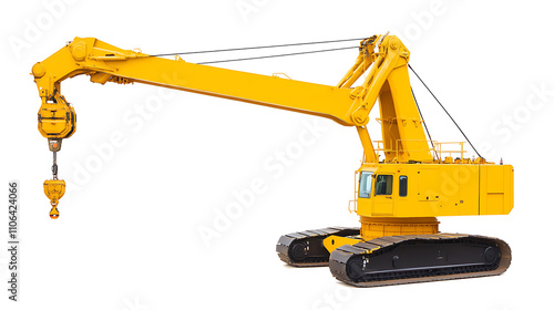 A yellow hoisting crane isolated against a white background