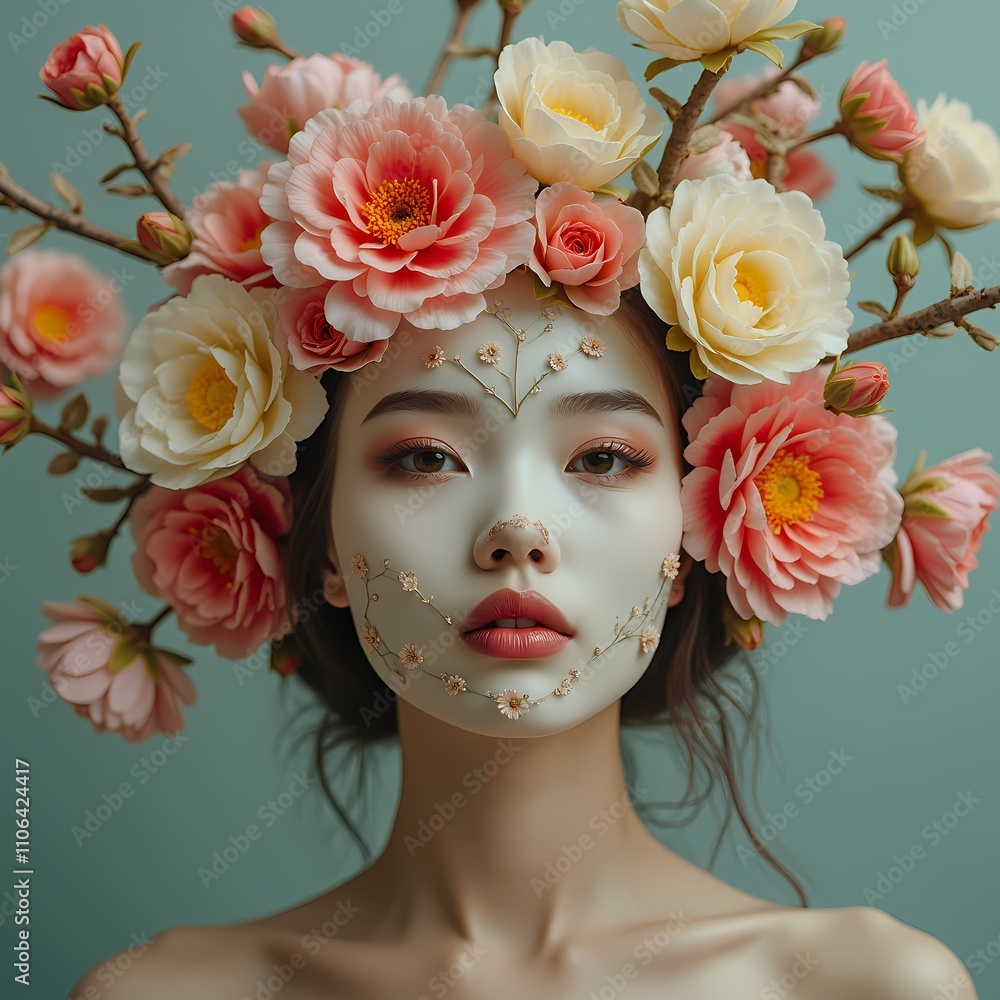 A woman wears a vibrant floral headdress with pink, white, and yellow flowers. Her face features delicate floral designs against a muted green background. A woman wears a vibrant floral headdress with pink, white, and yellow flowers. Her face features delicate floral designs against a muted green background.