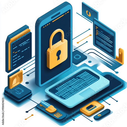 Ai generate cybersecurity solutions digital workspace infographic tech environment close-up view information safeguarding concepts