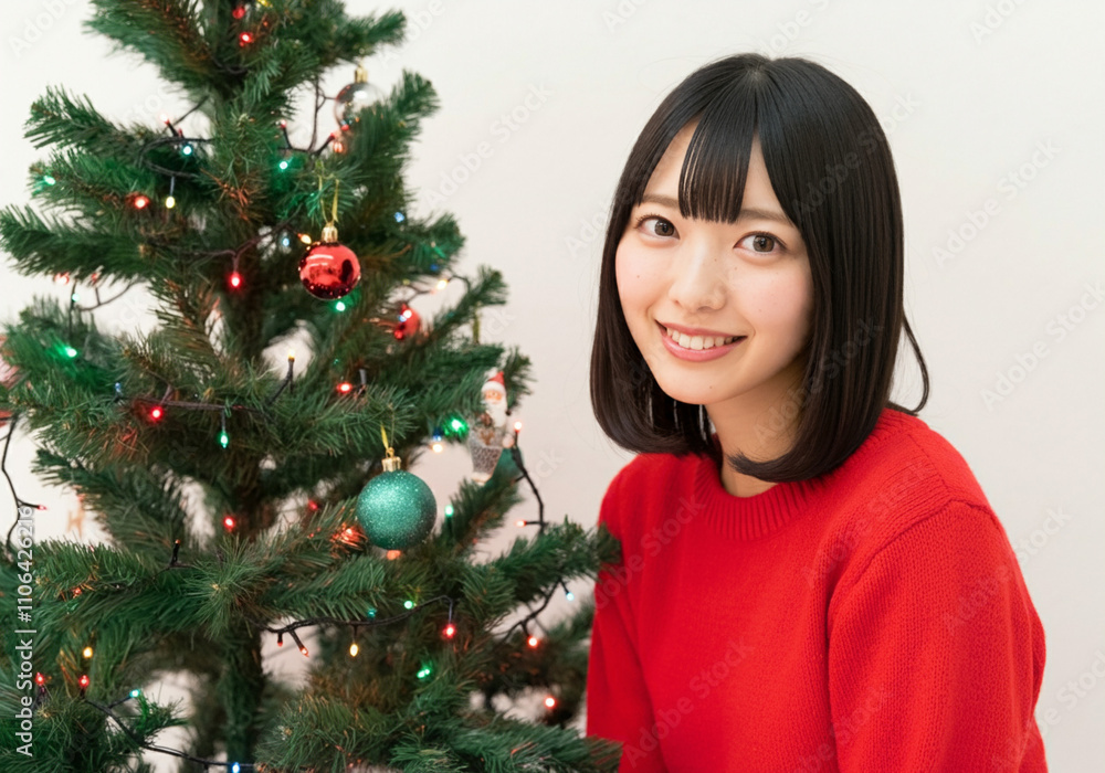 若い女性とクリスマスツリー 若い女性とクリスマスツリー