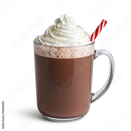 A steaming mug of hot chocolate topped with whipped cream and a candy cane