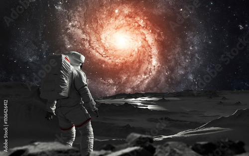 3D illustration of astronaut in spacesuit at the surface of deep space planet. High quality digital cosmic sci-fi art in 5K - realistic visualization