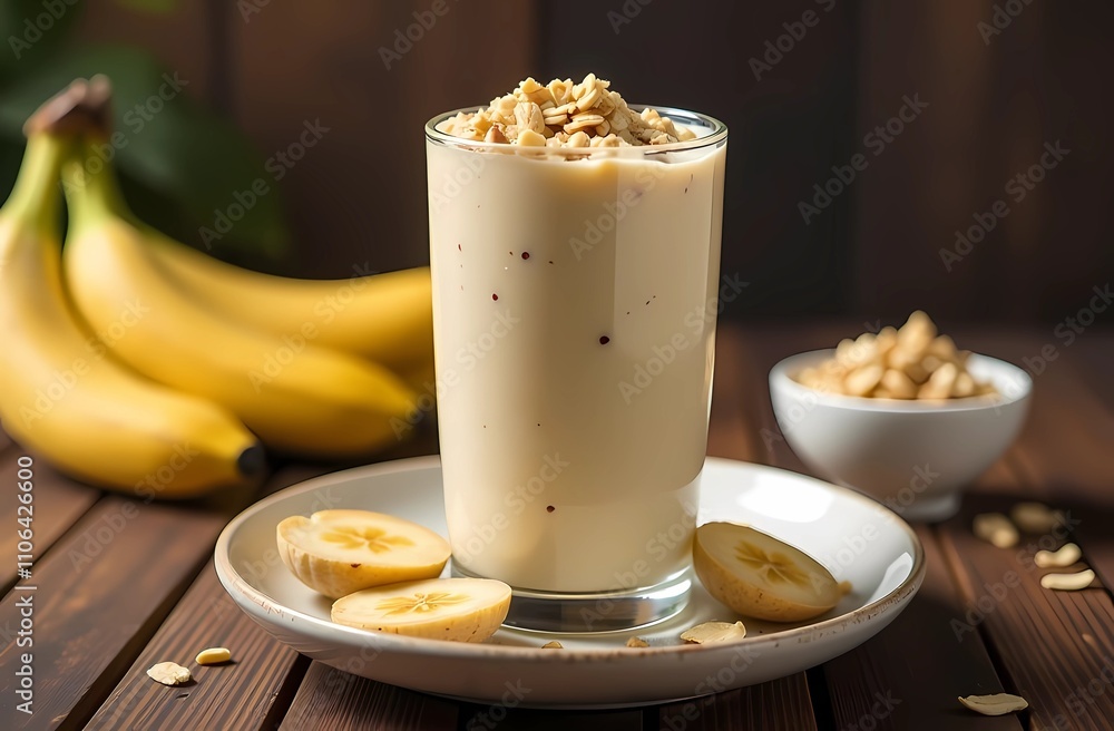 Banana smoothie in a transparent glass, decorated with fruit. Banana and oatmeal smoothie. Healthy breakfast of fruits and grains. Banana cocktail. Banana smoothie in a transparent glass, decorated with fruit. Banana and oatmeal smoothie. Healthy breakfast of fruits and grains. Banana cocktail.