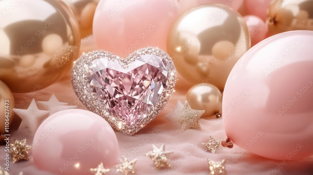 Soft pink with a heart-shaped diamond, small star clusters, and warm champagne-colored balloons. Soft pink with a heart-shaped diamond, small star clusters, and warm champagne-colored balloons.