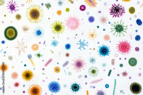 Colorful microscopic organisms on white background.