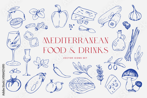 Mediterranean Food and Drinks Vector Illustrations