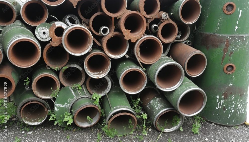 Corroded Steel Pipes with Flaking Green Paint Against an Urban Backdrop Corroded Steel Pipes with Flaking Green Paint Against an Urban Backdrop
