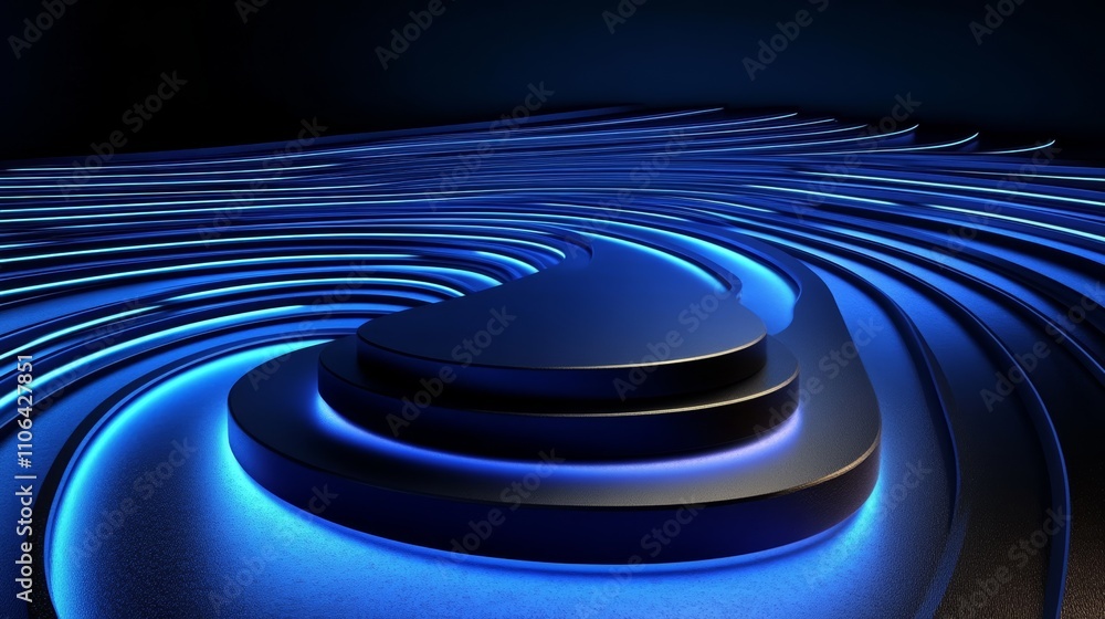 Obraz premium Abstract blue neon light on a 3D circular platform.