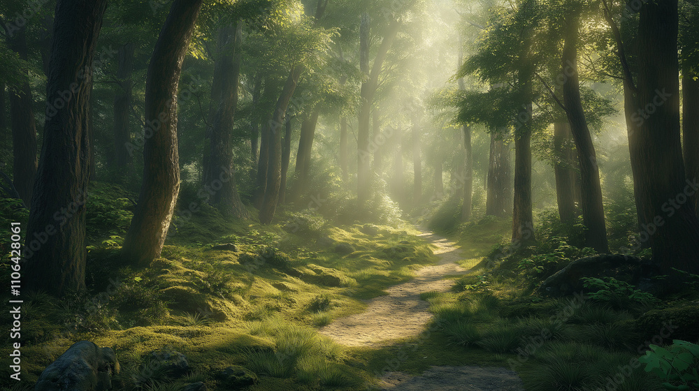 Fototapeta premium Lichtdurchfluteter Waldweg zwischen hohen, grünen Bäumen