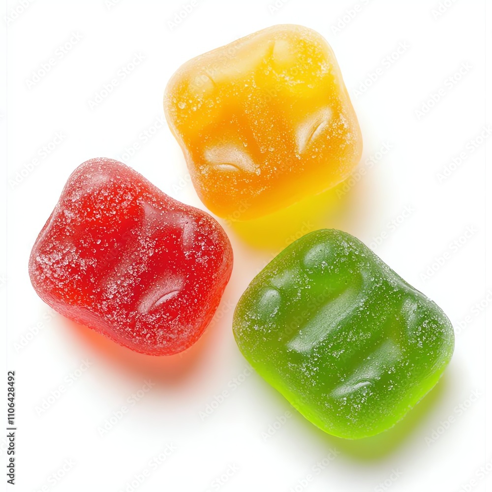 Three colorful gummy candies sit on a white background, showcasing their vibrant hues of red, yellow, and green. Perfect for capturing the essence of sweetness and fun. Three colorful gummy candies sit on a white background, showcasing their vibrant hues of red, yellow, and green. Perfect for capturing the essence of sweetness and fun.