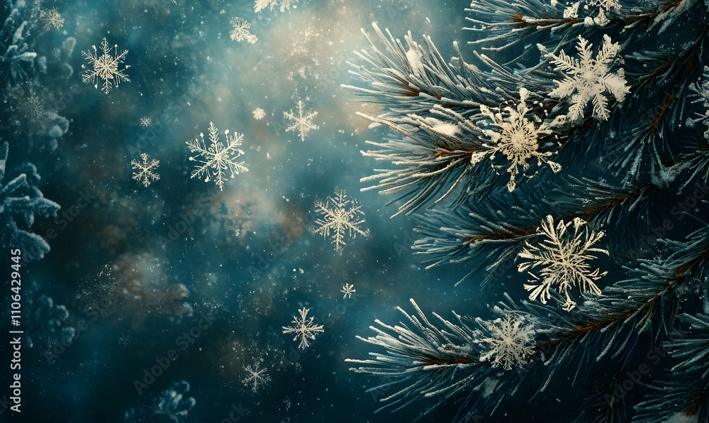 Fototapeta premium Pine branches intertwined with intricate, large snowflakes falling gently